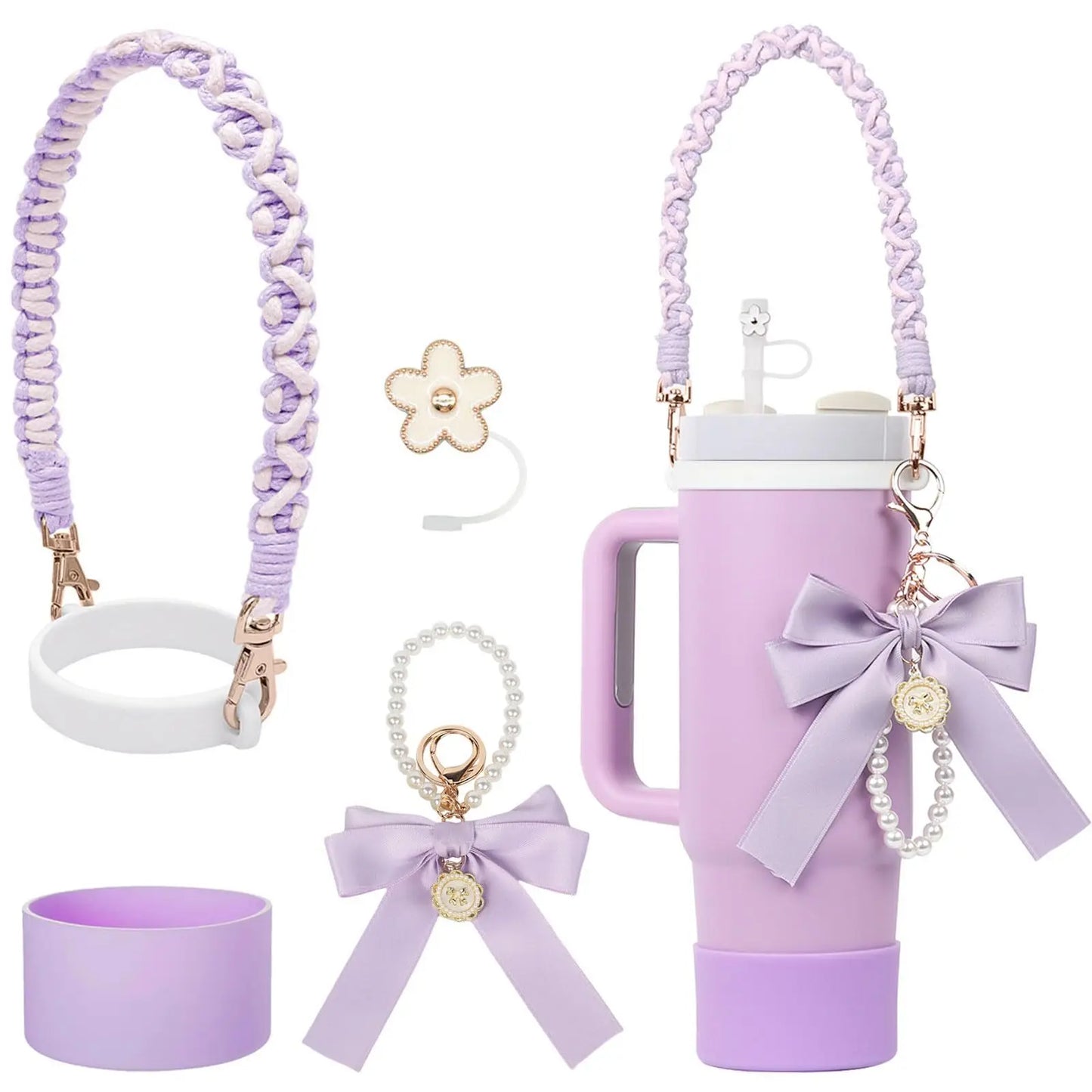 4Pcs for Stanley Cup Accessory Set Includes 1 Water Bottle Handle Strap 1 Cup Cover 1 Straw Cover 1 Charms Silicone Decoration