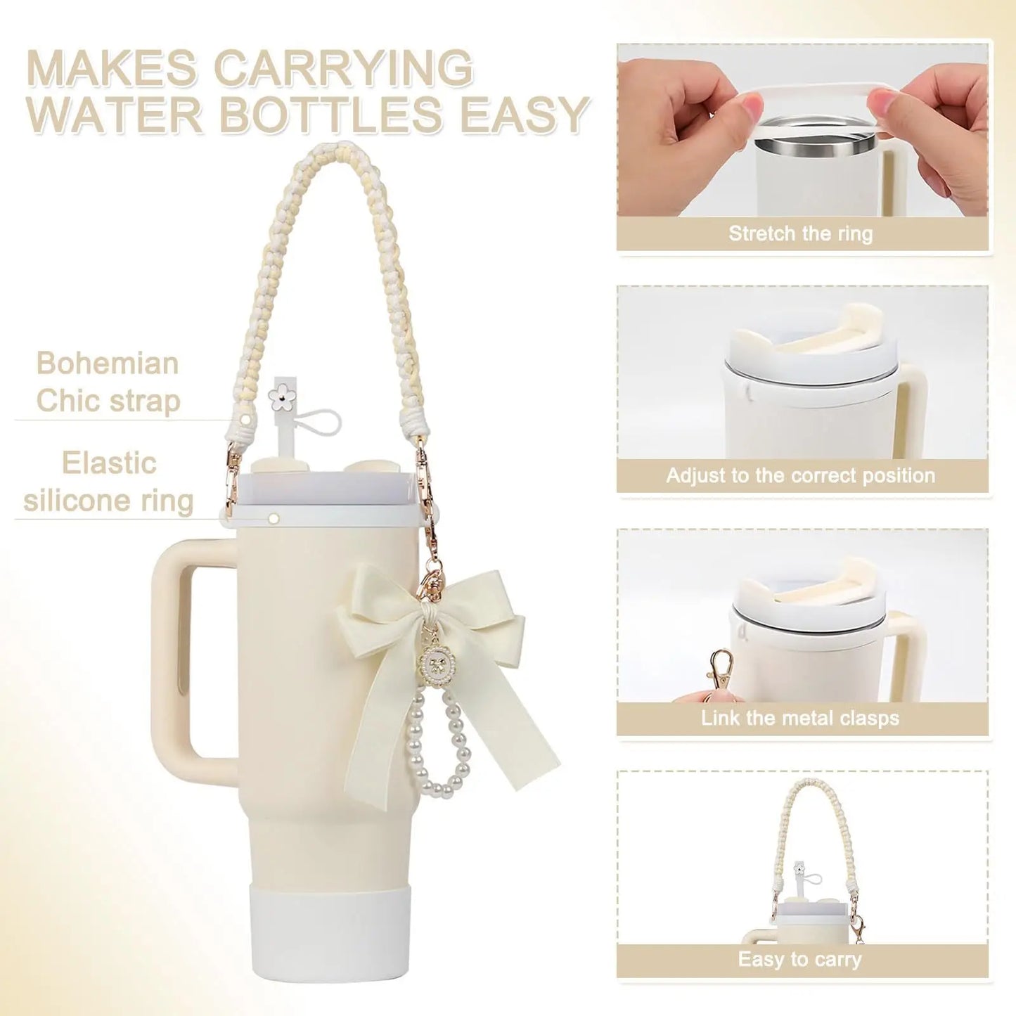 4Pcs for Stanley Cup Accessory Set Includes 1 Water Bottle Handle Strap 1 Cup Cover 1 Straw Cover 1 Charms Silicone Decoration