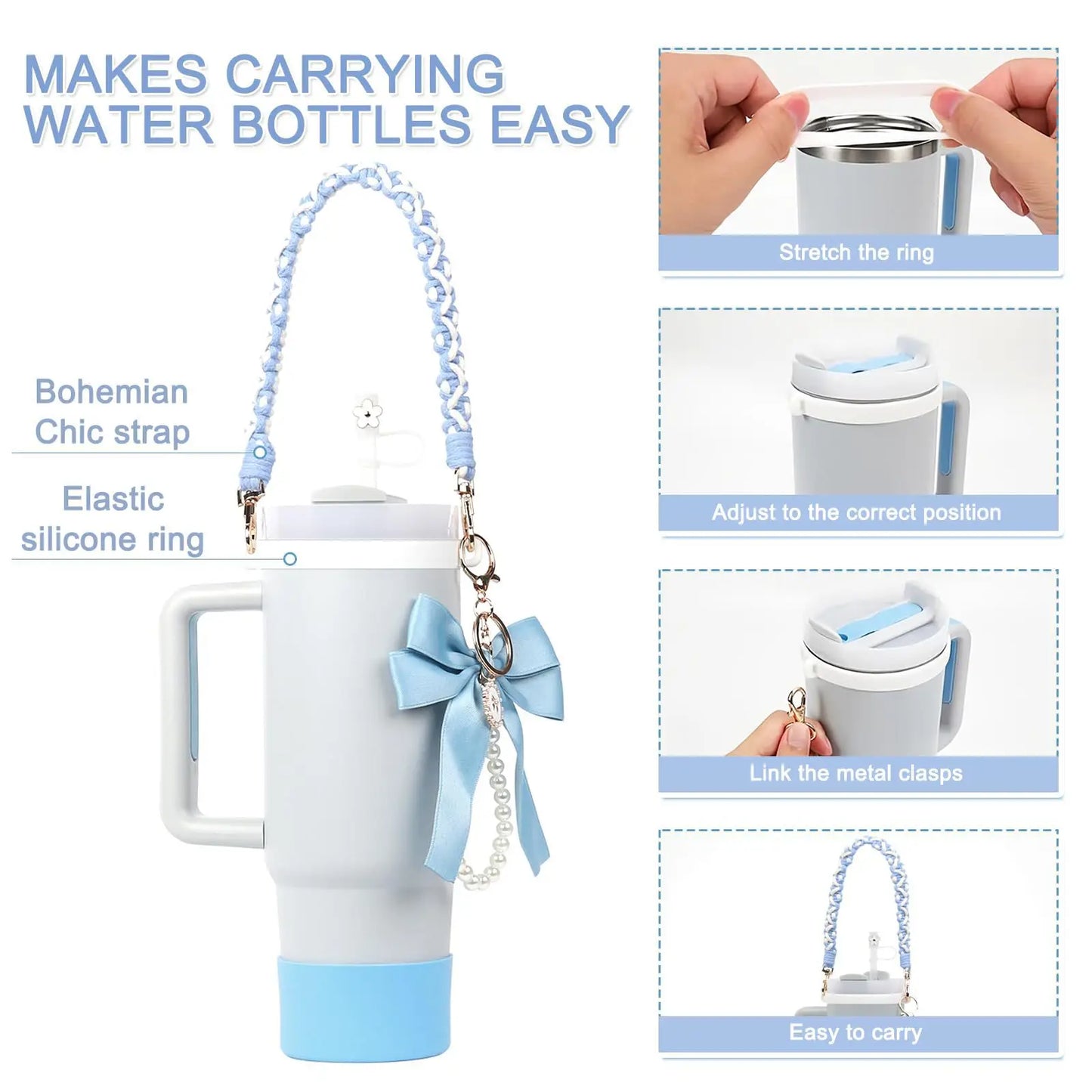 4Pcs for Stanley Cup Accessory Set Includes 1 Water Bottle Handle Strap 1 Cup Cover 1 Straw Cover 1 Charms Silicone Decoration