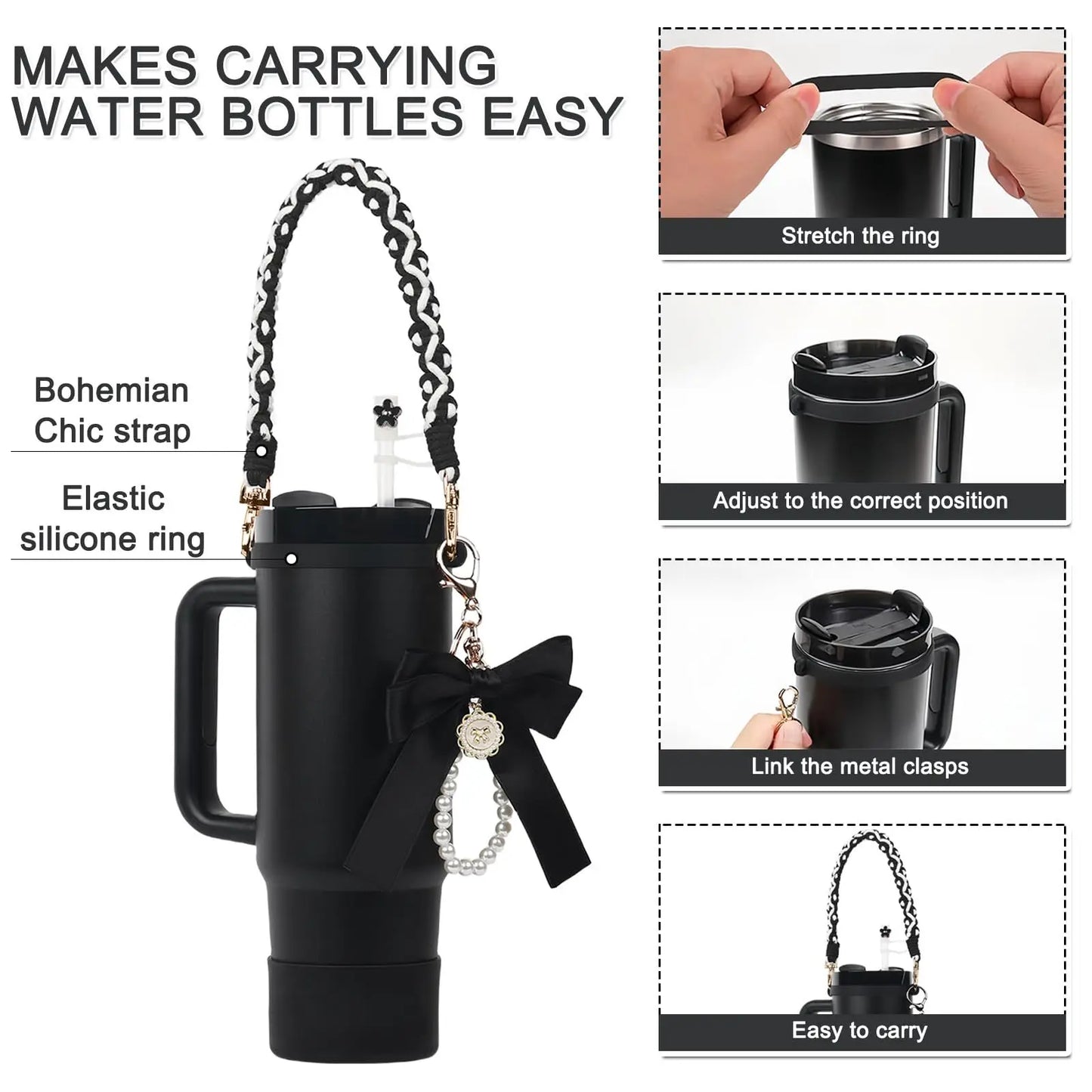 4Pcs for Stanley Cup Accessory Set Includes 1 Water Bottle Handle Strap 1 Cup Cover 1 Straw Cover 1 Charms Silicone Decoration