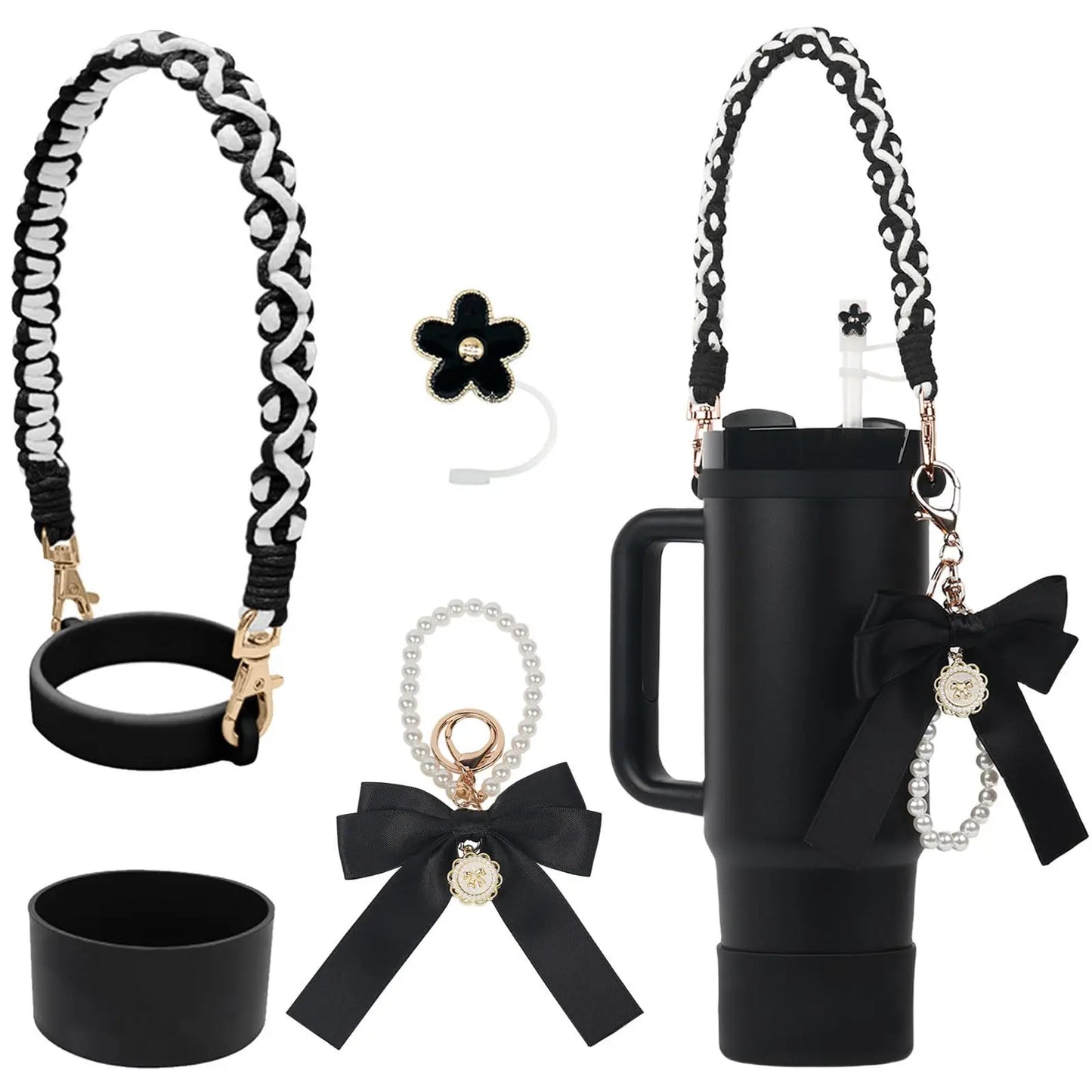 4Pcs for Stanley Cup Accessory Set Includes 1 Water Bottle Handle Strap 1 Cup Cover 1 Straw Cover 1 Charms Silicone Decoration
