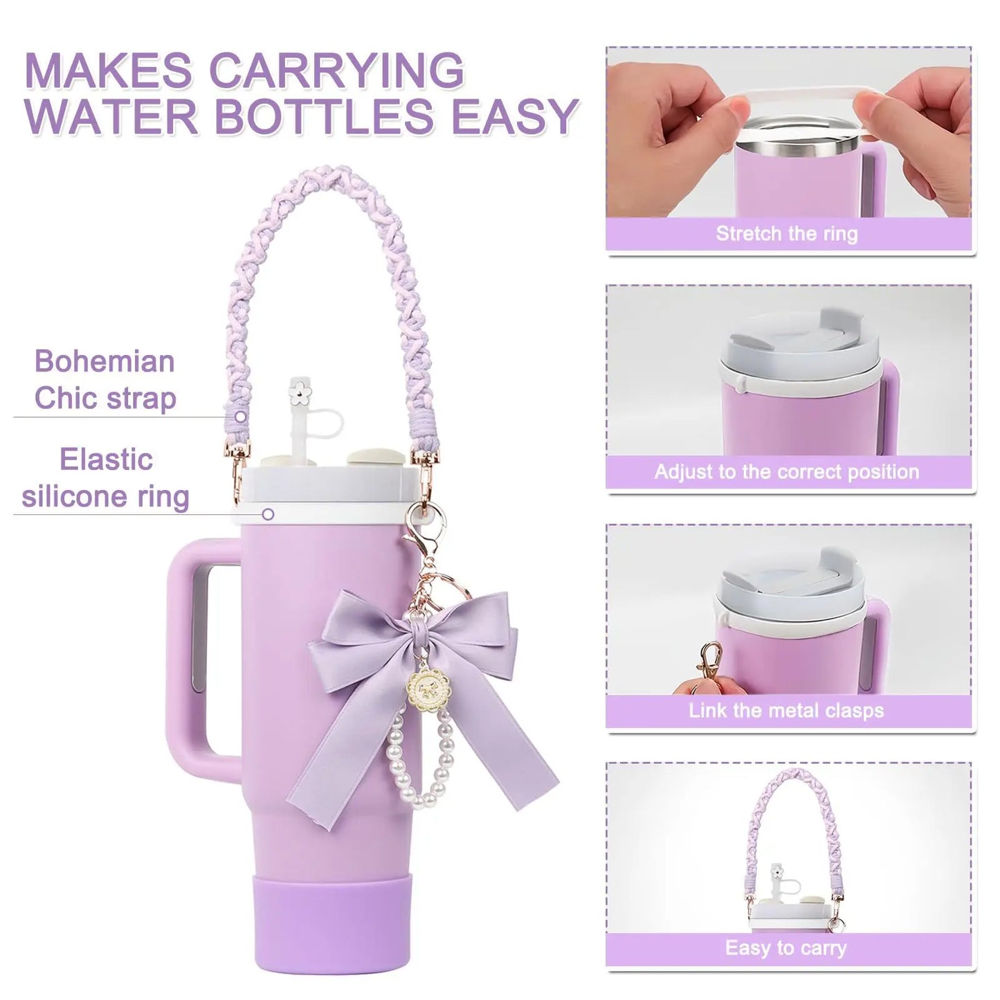 4Pcs for Stanley Cup Accessory Set Includes 1 Water Bottle Handle Strap 1 Cup Cover 1 Straw Cover 1 Charms Silicone Decoration