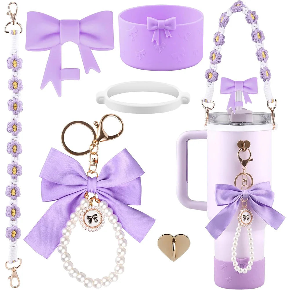 6pcs Water Bottle Accessories Set for Stanley 40oz Tumbler Cup,Including Handle Strap, Siliocne Boot, Bow Straw Cover