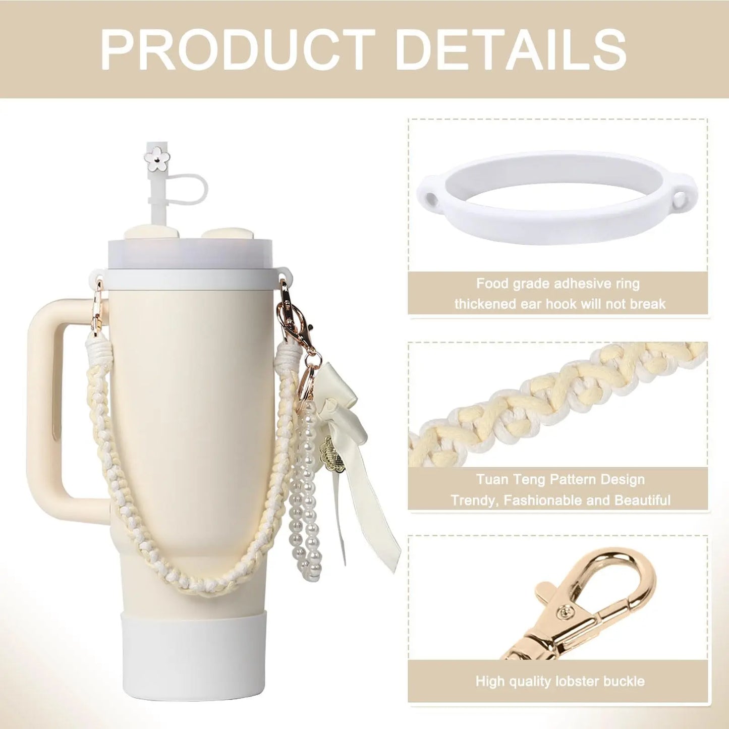 4Pcs for Stanley Cup Accessory Set Includes 1 Water Bottle Handle Strap 1 Cup Cover 1 Straw Cover 1 Charms Silicone Decoration