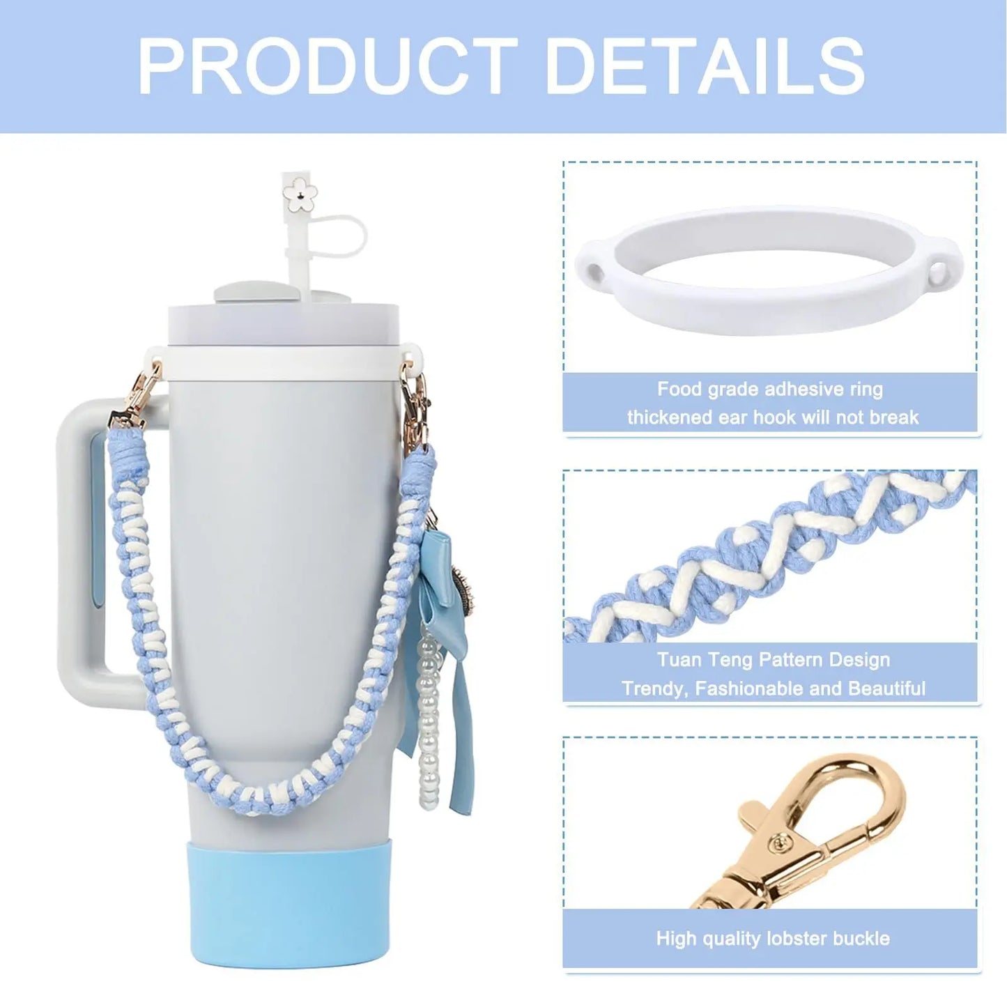 4Pcs for Stanley Cup Accessory Set Includes 1 Water Bottle Handle Strap 1 Cup Cover 1 Straw Cover 1 Charms Silicone Decoration