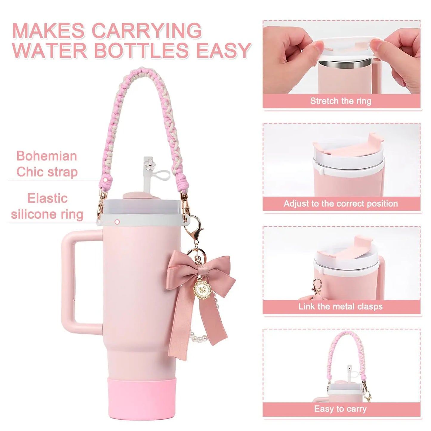 4Pcs for Stanley Cup Accessory Set Includes 1 Water Bottle Handle Strap 1 Cup Cover 1 Straw Cover 1 Charms Silicone Decoration