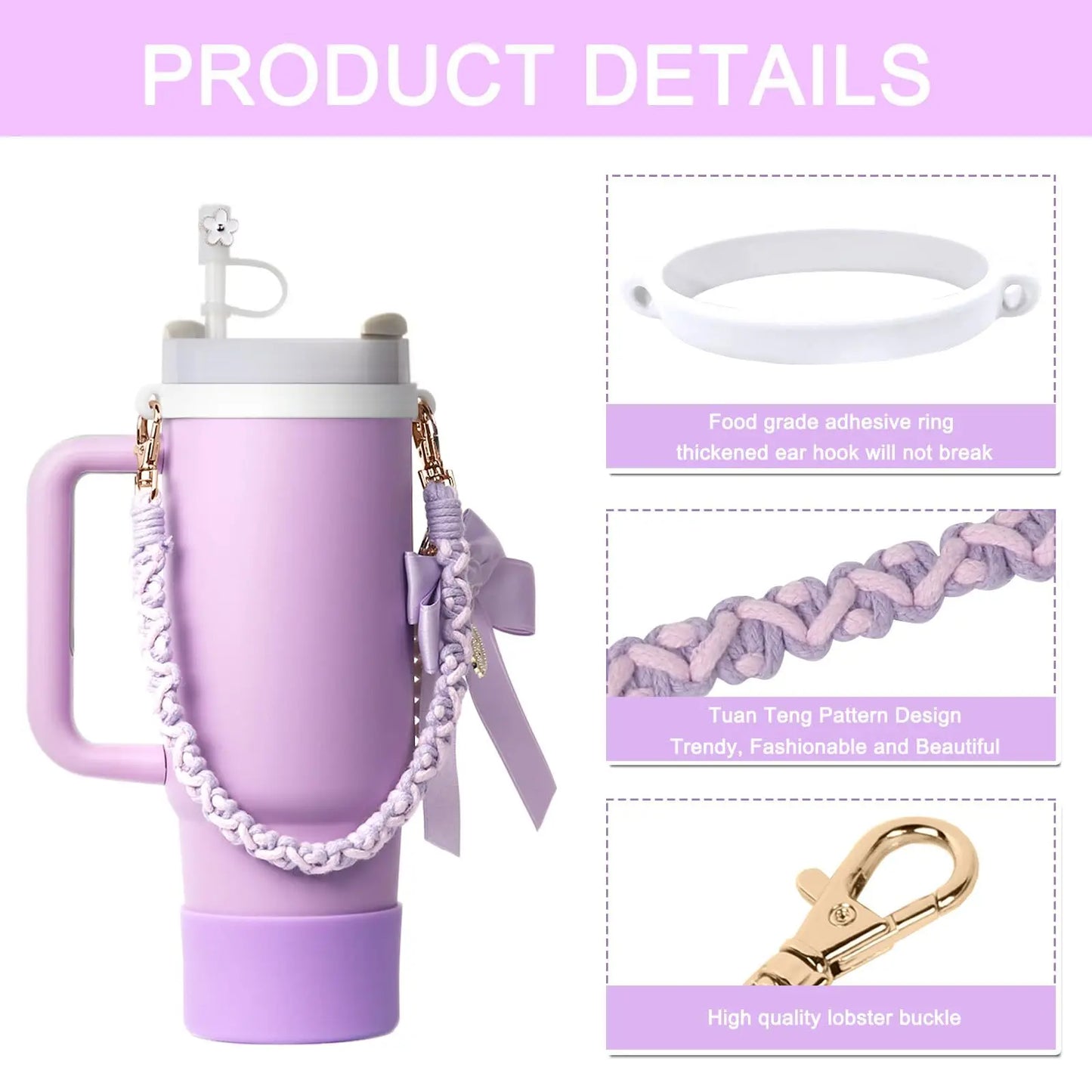 4Pcs for Stanley Cup Accessory Set Includes 1 Water Bottle Handle Strap 1 Cup Cover 1 Straw Cover 1 Charms Silicone Decoration
