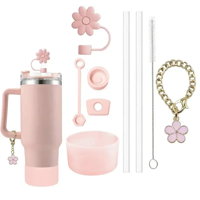 9pcs Accessories for Stanley Tumbler Cup Spill Proof Stopper 10mm Straw Cover Cap Silicone Boot Charm Chain Straw Brush