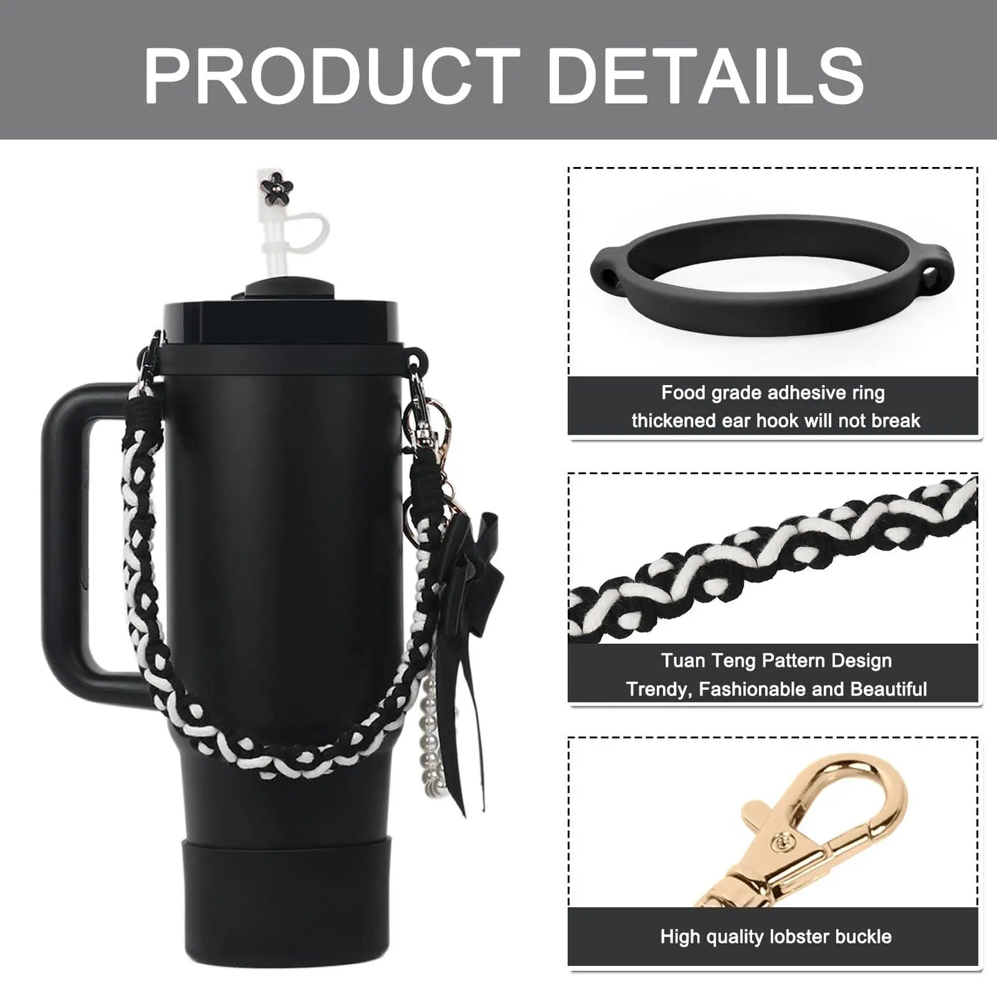 4Pcs for Stanley Cup Accessory Set Includes 1 Water Bottle Handle Strap 1 Cup Cover 1 Straw Cover 1 Charms Silicone Decoration