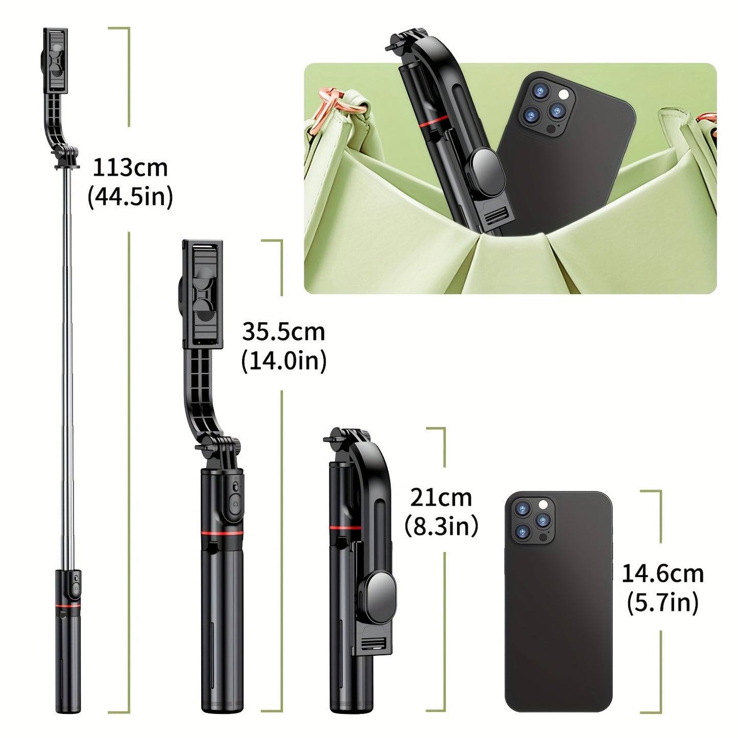 Portable 44 Inch Selfie Stick Phone Tripod With Wireless Remote Control Expandable Smartphone Tripod Stand 360 Degree Rotation Compatible With IPhone 13 12 11 Pro Xs Max Xr X 8 7 6 Plus, Android Samsung Smartphones