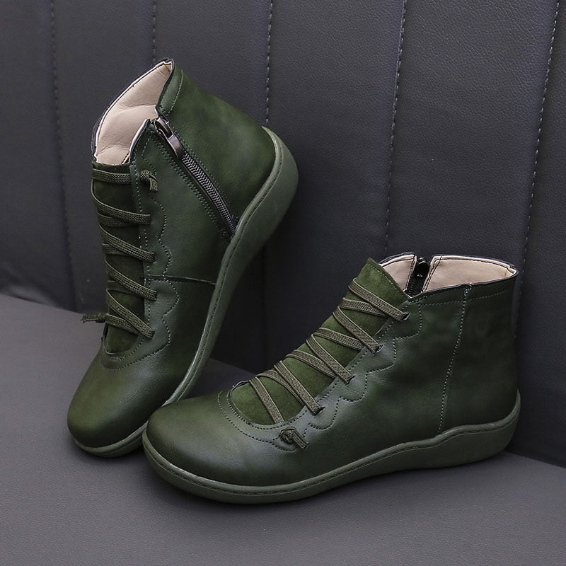 Women's Flat Lace Up High Top Boots, Solid Color Comfortable Zipper Flat Sneakers, Women's Footwear
