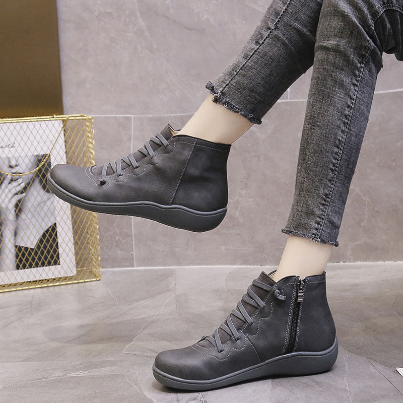 Women's Flat Lace Up High Top Boots, Solid Color Comfortable Zipper Flat Sneakers, Women's Footwear