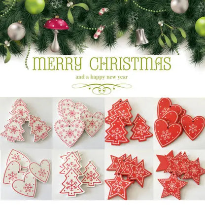 12 Pc/set of Christmas Tree Pendants Wooden Snowflakes Elk, Snowman 2022 New Year Christmas Home Decor Children's Toys and Gifts