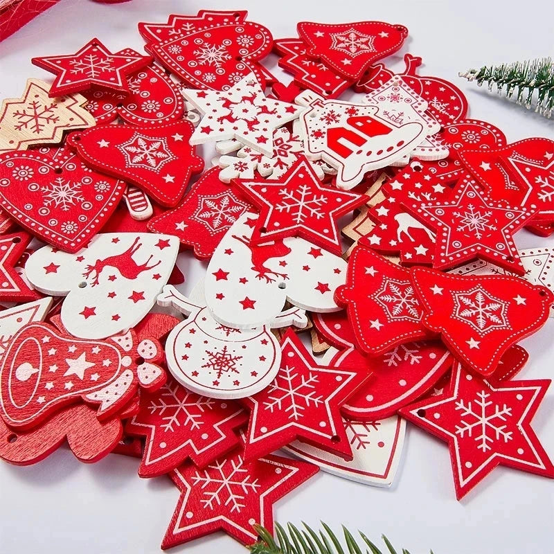 12 Pc/set of Christmas Tree Pendants Wooden Snowflakes Elk, Snowman 2022 New Year Christmas Home Decor Children's Toys and Gifts