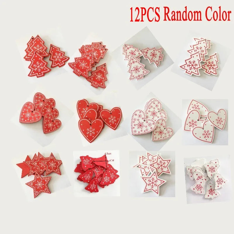 12 Pc/set of Christmas Tree Pendants Wooden Snowflakes Elk, Snowman 2022 New Year Christmas Home Decor Children's Toys and Gifts