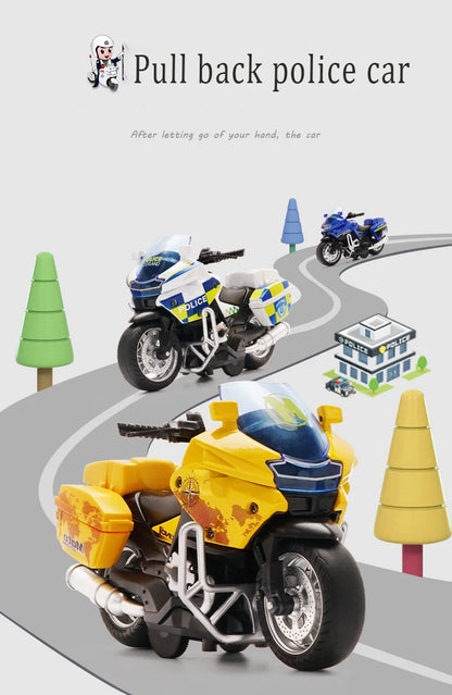 1/14 Car Model Alloy Pull Back Motorcycle Men's Locomotive Police Car with Light and Music Simulation Vehicles Children's Toys