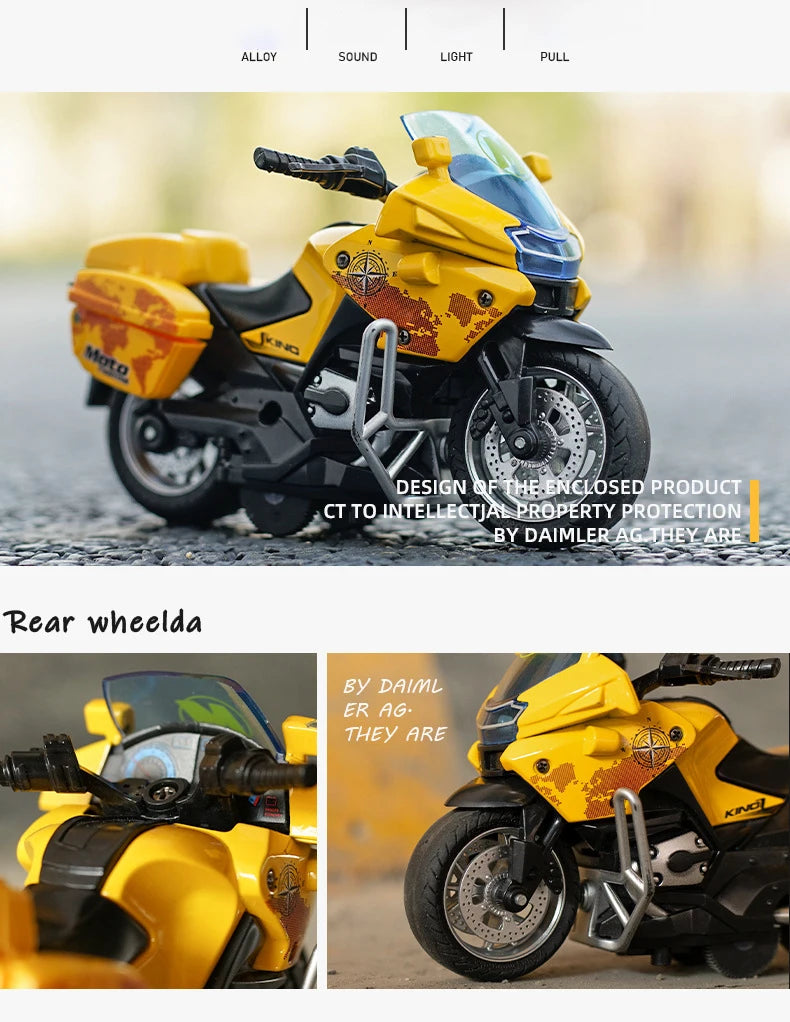 1/14 Car Model Alloy Pull Back Motorcycle Men's Locomotive Police Car with Light and Music Simulation Vehicles Children's Toys
