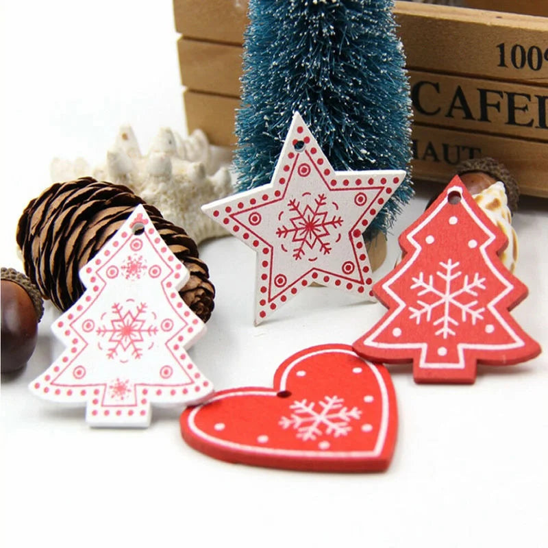 12 Pc/set of Christmas Tree Pendants Wooden Snowflakes Elk, Snowman 2022 New Year Christmas Home Decor Children's Toys and Gifts