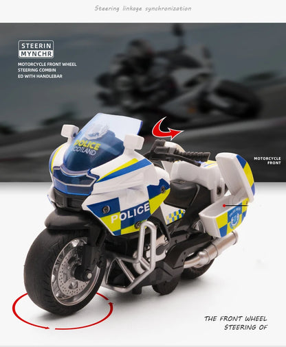 1/14 Car Model Alloy Pull Back Motorcycle Men's Locomotive Police Car with Light and Music Simulation Vehicles Children's Toys
