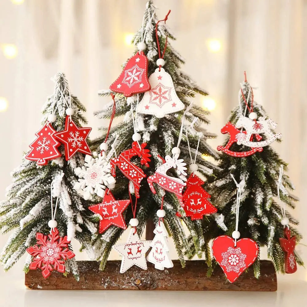 12 Pc/set of Christmas Tree Pendants Wooden Snowflakes Elk, Snowman 2022 New Year Christmas Home Decor Children's Toys and Gifts
