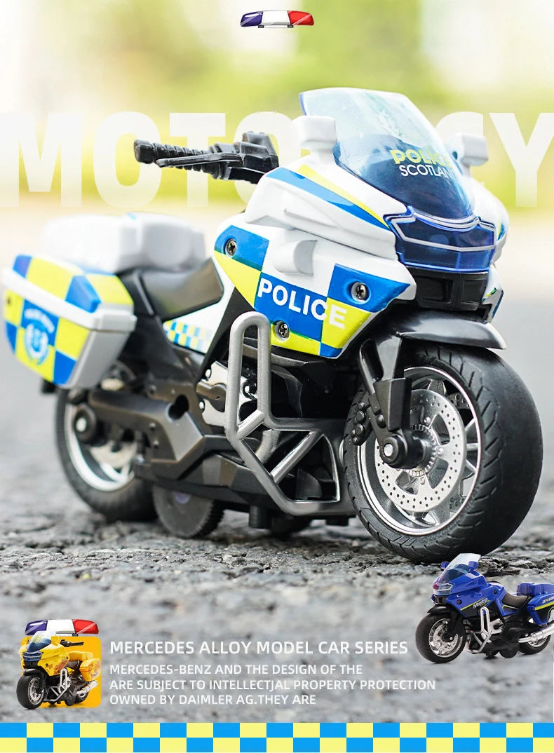 1/14 Car Model Alloy Pull Back Motorcycle Men's Locomotive Police Car with Light and Music Simulation Vehicles Children's Toys