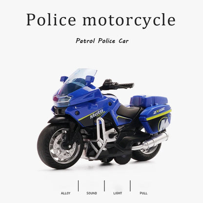 1/14 Car Model Alloy Pull Back Motorcycle Men's Locomotive Police Car with Light and Music Simulation Vehicles Children's Toys
