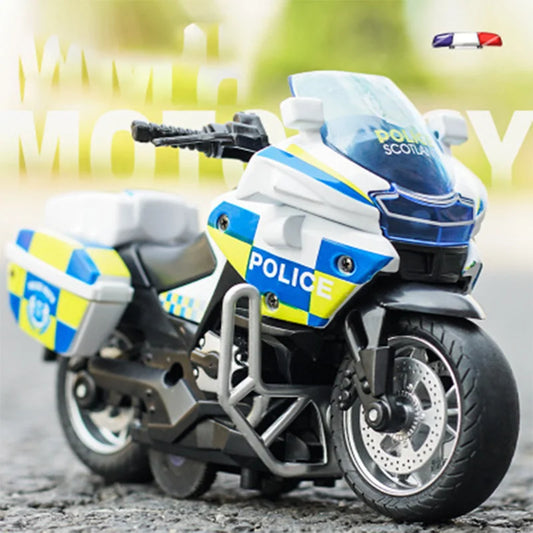1/14 Car Model Alloy Pull Back Motorcycle Men's Locomotive Police Car with Light and Music Simulation Vehicles Children's Toys