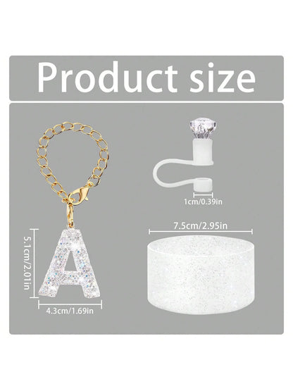 3Pcs Accessories Set for Stanley Cup, Including Diamond Straw Topper/Sparkly Silicone Boot Set（White）