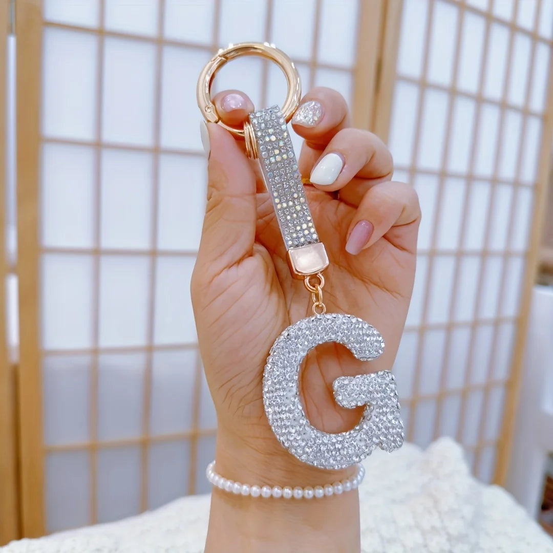 1pc Sparkling Rhinestone Alphabet Keychain, Alloy Round Letter Charm with Ring Buckle, Decorative Crystal Pendant Accessory