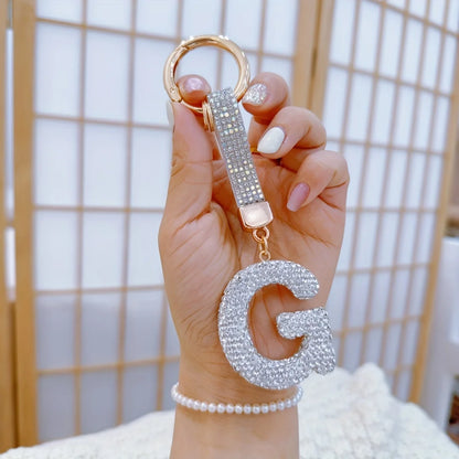 1pc Sparkling Rhinestone Alphabet Keychain, Alloy Round Letter Charm with Ring Buckle, Decorative Crystal Pendant Accessory