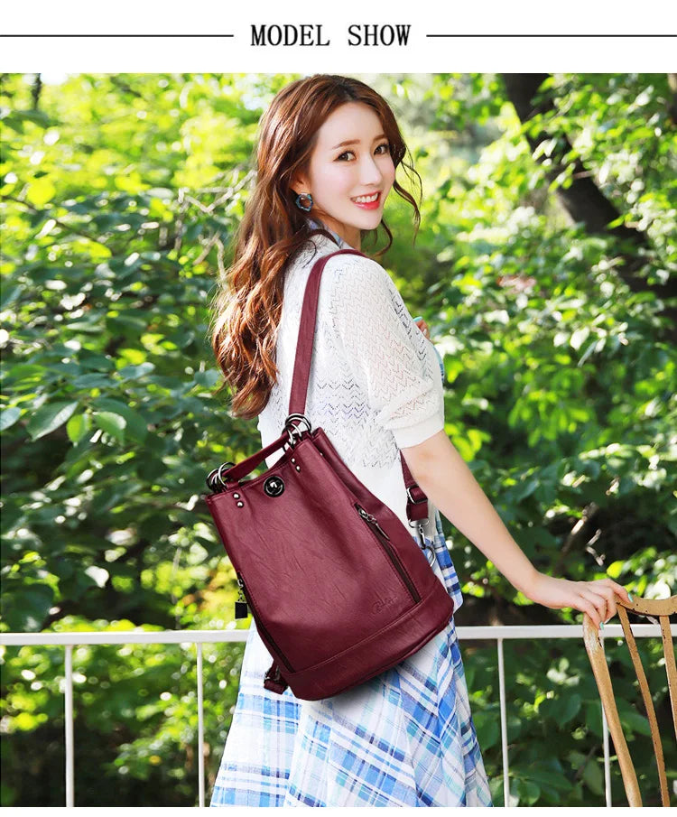 2022 Women Leather Backpacks Multifunction Women Vintage Shoulder Bag Ladies Rucksack Large Capacity Travel Bag Sac A Dos Preppy