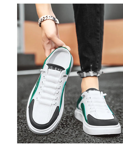 Half Slippers Men Low-top Canvas Shoes Casual Breathable Sneakers Korean Style Autumn Lace Up Casual Non-slip Trainers