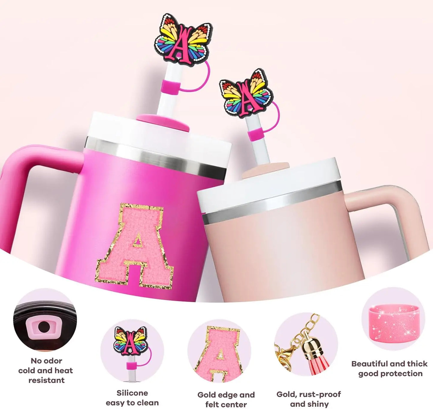 7PCS Cup Accessories Set for Stanley 30oz 40oz Tumbler Initials Silicone Straw Cover Cap Boot Letter Handle Charm Sticker