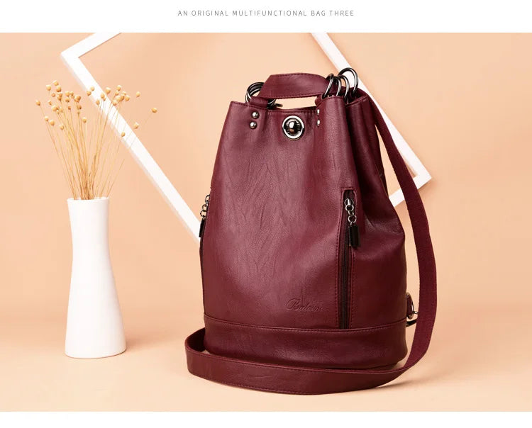 2022 Women Leather Backpacks Multifunction Women Vintage Shoulder Bag Ladies Rucksack Large Capacity Travel Bag Sac A Dos Preppy