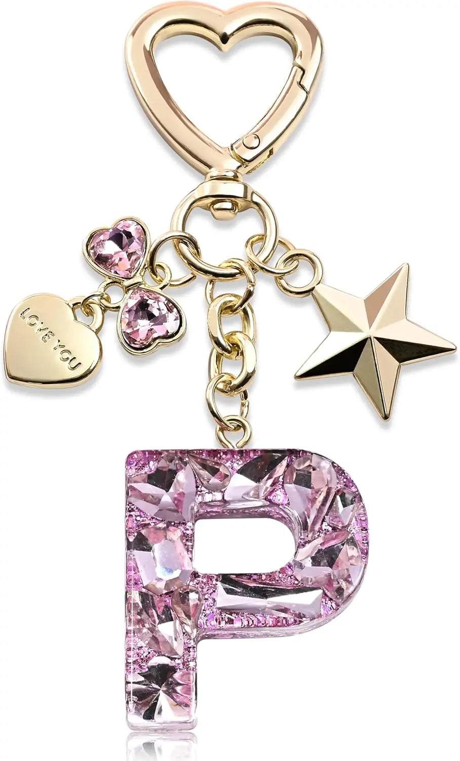Cute Bling Keychain initial Letter Butterfly Star Pink Purple Gift for Women Girls Bag Cup Charms Accessories