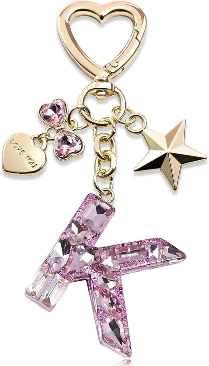 Cute Bling Keychain initial Letter Butterfly Star Pink Purple Gift for Women Girls Bag Cup Charms Accessories