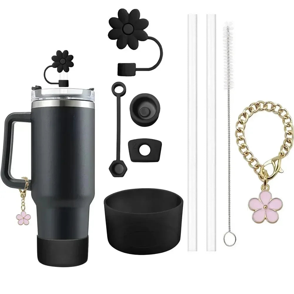 9pcs Accessories for Stanley Tumbler Cup Spill Proof Stopper 10mm Straw Cover Cap Silicone Boot Charm Chain Straw Brush