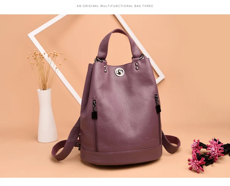 2022 Women Leather Backpacks Multifunction Women Vintage Shoulder Bag Ladies Rucksack Large Capacity Travel Bag Sac A Dos Preppy