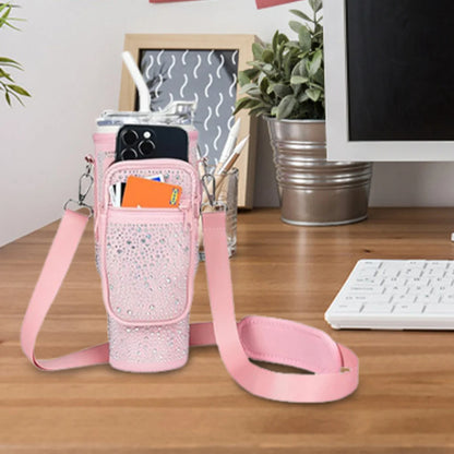 Bling Diamond Water Bottle Holder with Adjustable Strap Water Bottle Sling Bag Water Bottle Bag for Stanley 40oz Cup Accessories