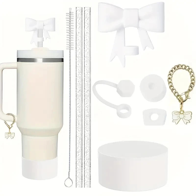 9pcs Tumbler Cup Accessories Including 2pcs Glitter 10mm Straw, Bow Keychain Charm 10mm Bow Straw Topper Cover for Stanley Cup