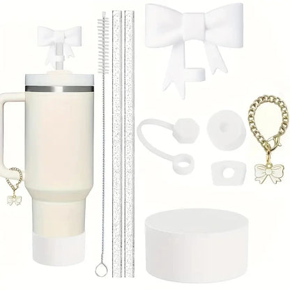 9pcs Tumbler Cup Accessories Including 2pcs Glitter 10mm Straw, Bow Keychain Charm 10mm Bow Straw Topper Cover for Stanley Cup