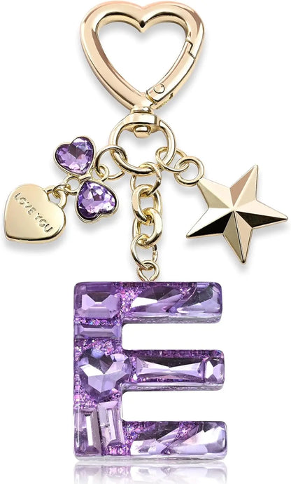 Cute Bling Keychain initial Letter Butterfly Star Pink Purple Gift for Women Girls Bag Cup Charms Accessories