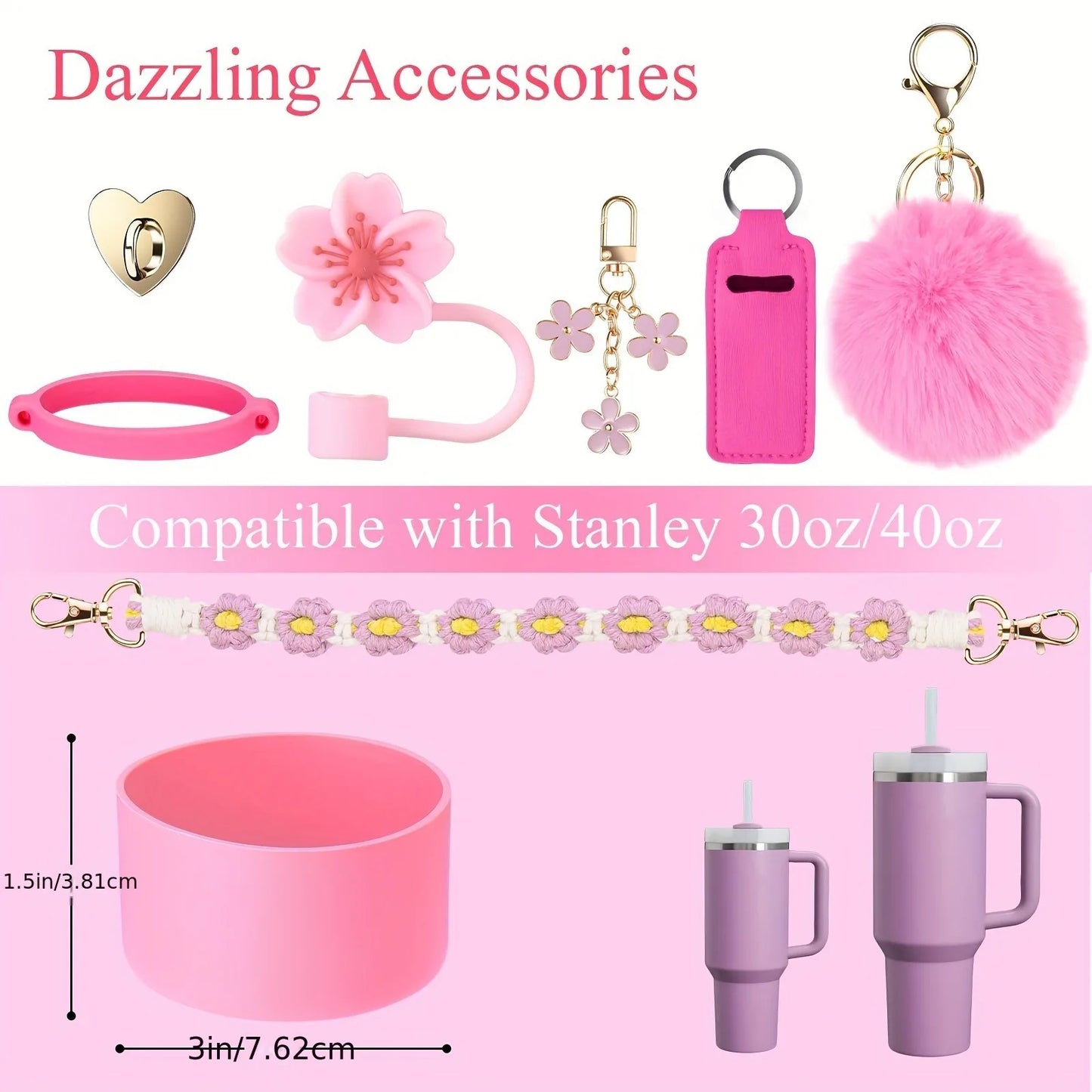8PCS Cup Accessories, Set includes Water Bottle Handle Strap, Siliocne Boots, Lipstick Sleeve Pouch Straw Cap Cover for Stanley