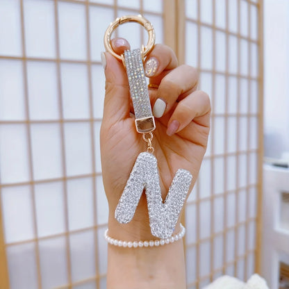 1pc Sparkling Rhinestone Alphabet Keychain, Alloy Round Letter Charm with Ring Buckle, Decorative Crystal Pendant Accessory