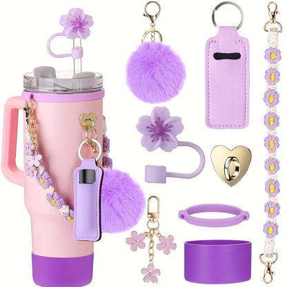 8PCS Cup Accessories, Set includes Water Bottle Handle Strap, Siliocne Boots, Lipstick Sleeve Pouch Straw Cap Cover for Stanley