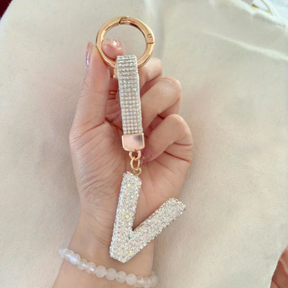 1pc Sparkling Rhinestone Alphabet Keychain, Alloy Round Letter Charm with Ring Buckle, Decorative Crystal Pendant Accessory