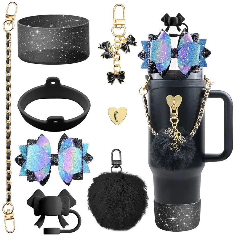 Bling Stanley Cup Accessories For 40oz & 30oz Tumbler Including Silicone Cute Bow Straw Topper Cover, Silicone Stanley Cup Boot