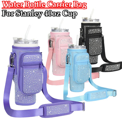 Bling Diamond Water Bottle Holder with Adjustable Strap Water Bottle Sling Bag Water Bottle Bag for Stanley 40oz Cup Accessories