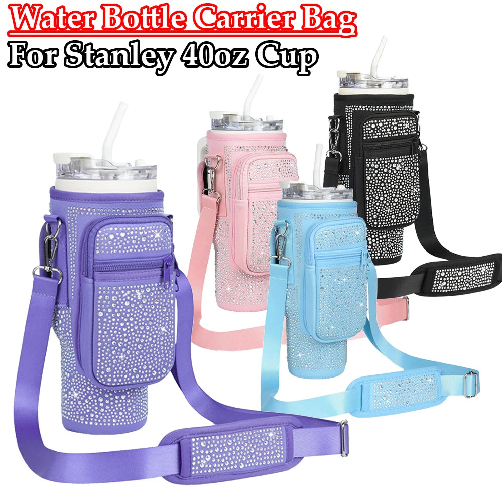 Bling Diamond Water Bottle Holder with Adjustable Strap Water Bottle Sling Bag Water Bottle Bag for Stanley 40oz Cup Accessories