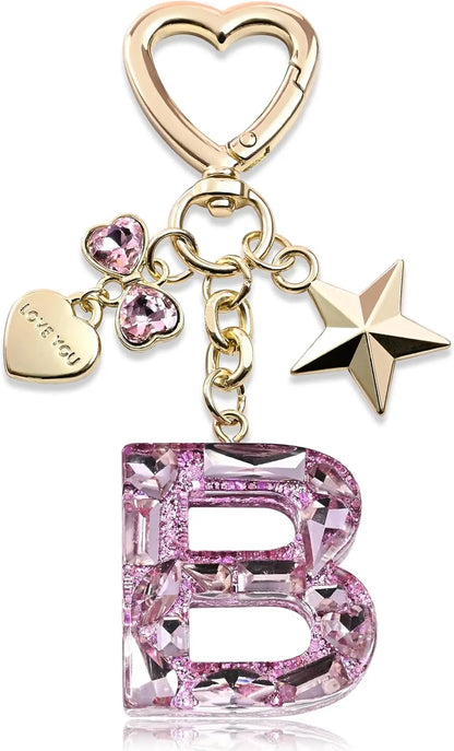 Cute Bling Keychain initial Letter Butterfly Star Pink Purple Gift for Women Girls Bag Cup Charms Accessories